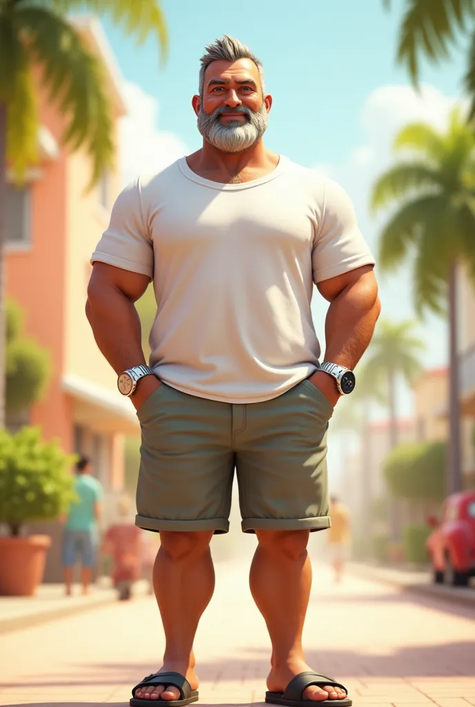 A 40-YEAR-OLD MAN WITH SHORT HAIR AND GREYISH WHITE BEARD WITH LIGHT EYES SLIM ATHLETIC BODY WITH WHITE T-SHIRT, FLORIDA SHORTS AND SANDALS WITH A LARGE SILVER WATCH IN PIXAR STYLE BACKGROUND WHITE