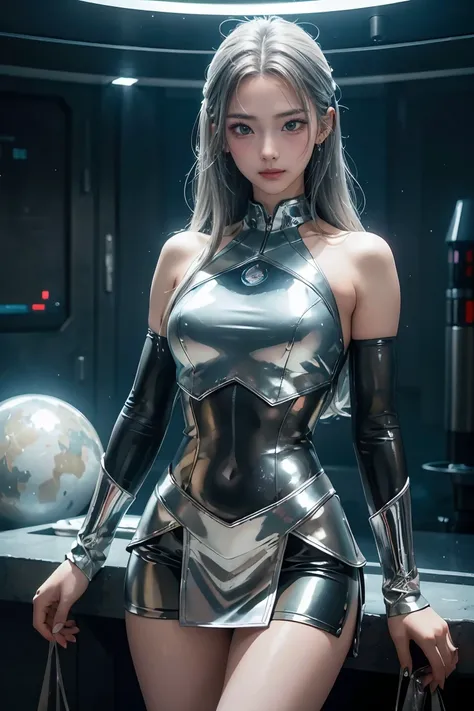 ((Highest quality, masterpiece, Realistic)),  smile、Adult female、 Metallic Dresses, Messy [Updo|Hanging] hair,  alone,   Detailed Background, Detailed face, Sc3pt4, Sci-Fi Theme:1.1), Mercury Wizard, melancholic, Surrounded by iridescent silver waves, Imag...