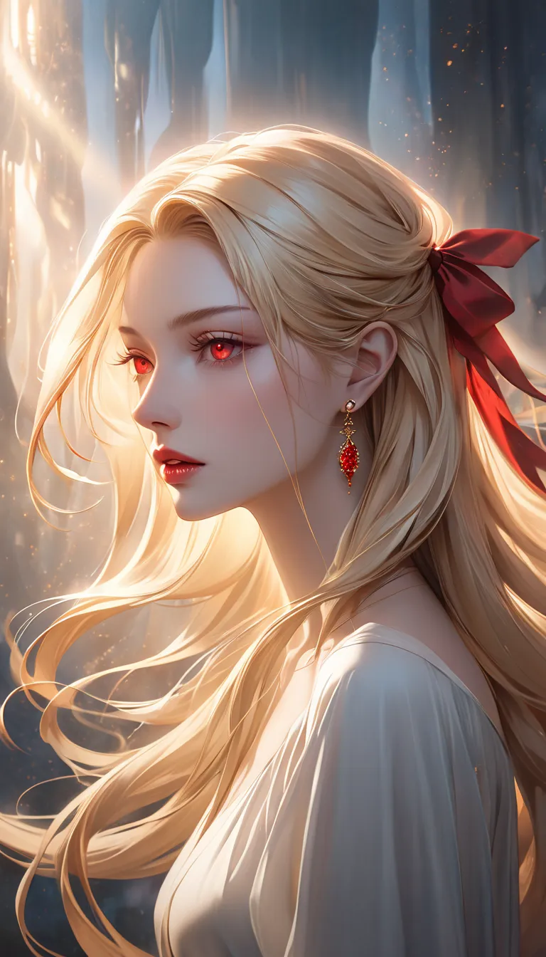 Surreal, Realism, high resolution,  long hair, Blonde,  red eyes, Many lips,  hair ribbon ,  earrings