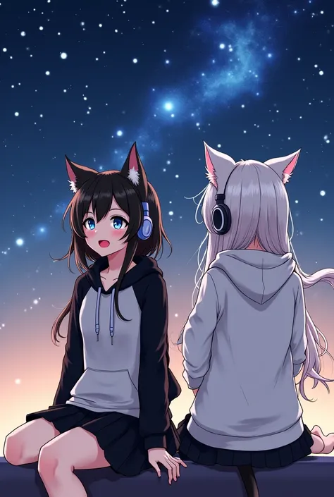 2 Cat girls sitting looking at the stars. one: with branchy black hair,  blue eyes, medium height, open mouth, Breasts,   Reddish,   smirk, fangs, drool, сидит in headphones, hairpin, black and white hoodie and black skirt,  chelka. Second : Branched silve...