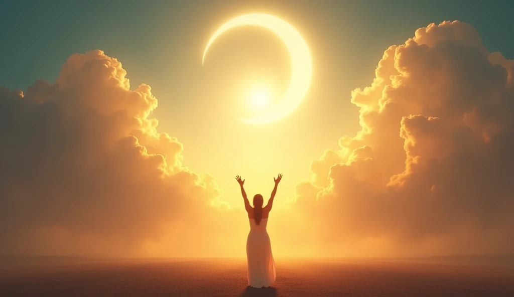 "A peaceful landscape with a radiant crescent moon high in the sky, surrounded by clouds glowing with divine light. A figure stands in the foreground with arms raised towards the moon, symbolizing spiritual awakening and a connection to a higher purpose. T...