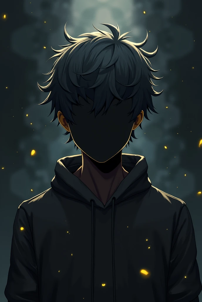 Anime style, dark background, bust of a man, no discernable features, completely blacked in, shadowed, with golden light radiating around him, male, short hair messy hair, 1 man