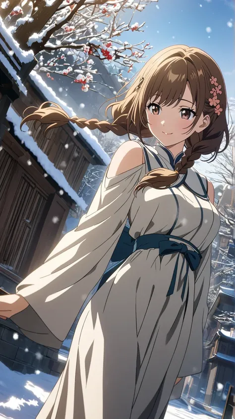 16K brown hair with short side braids,  old high school girl X's hair ornament, super beautiful, white shoulder dress, anime style, snow, smile over plum blossoms, blue sky, morning light　Dutch Angle, 