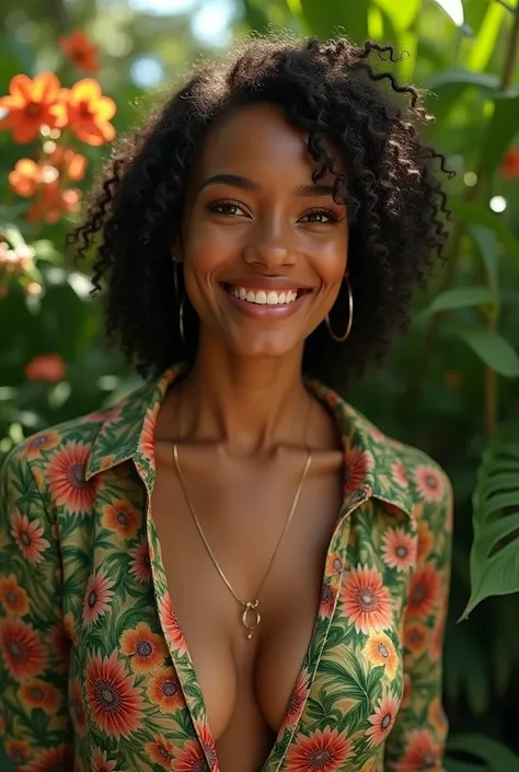 A Brazilian woman in a lush tropical garden,  wearing an open shirt with floral print, with a close up capturing the harmonious beauty between her breasts and natural flowers, showing her natural charm and outgoing personality.