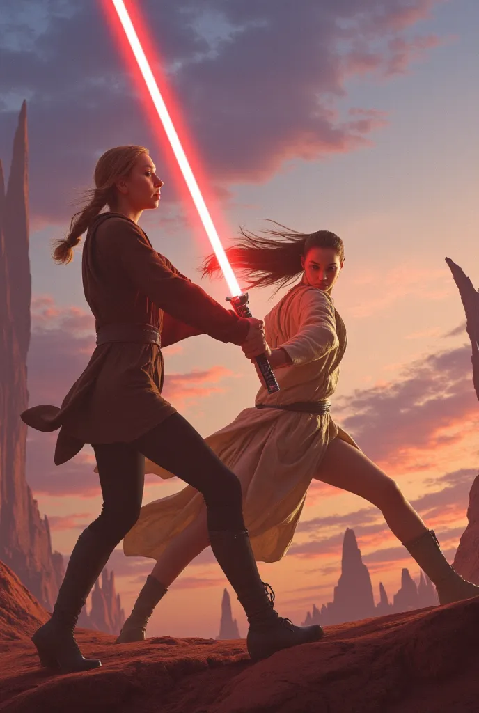 ALEXIS-REN, wearing a star wars jedi outfit, holding red lightsaber, fighting luke skywalker