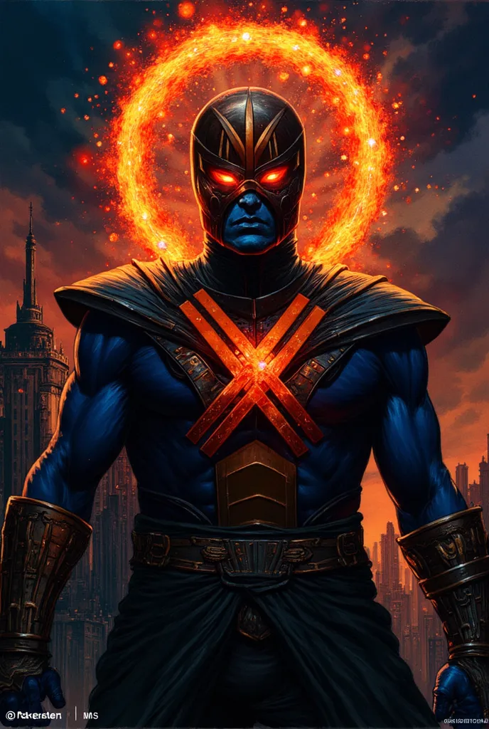 Son of X (cyclops +  Apocalypse)

 Description : A warrior with blue skin and glowing eyes, com o uniforme de cyclops refeito em armadura celestial. His optical beams now destroy matter at level Molecular, turning any target into ashes.

scenario: A ruined...