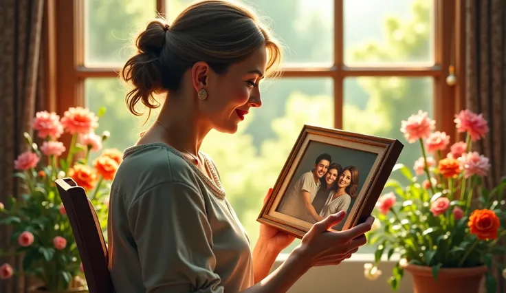 ( Realistic ), a lady seeing a photograph of her family,  He holds it in his hands , In the window you can see a background full of flowers,  on a sunny day  