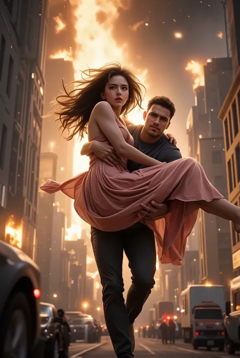 A man holding a beautiful woman is landing, Princess hug, in front of a high-rise house that is burning, Jumping from the scene of a fire, and、Landing, Street fire scene, he saved her isolated at the scene of the fire, IS A REALISTIC HERO,