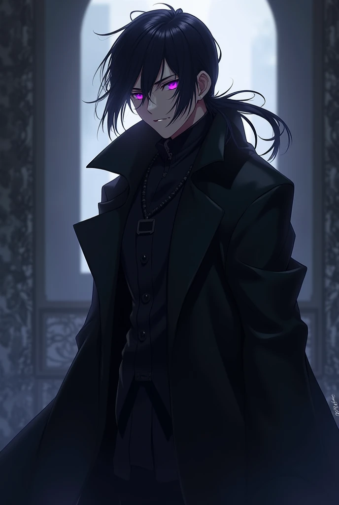 Anime man with black hair tied back, lean physique, dark purple hunter eyes, wearing black long coat representing darkness