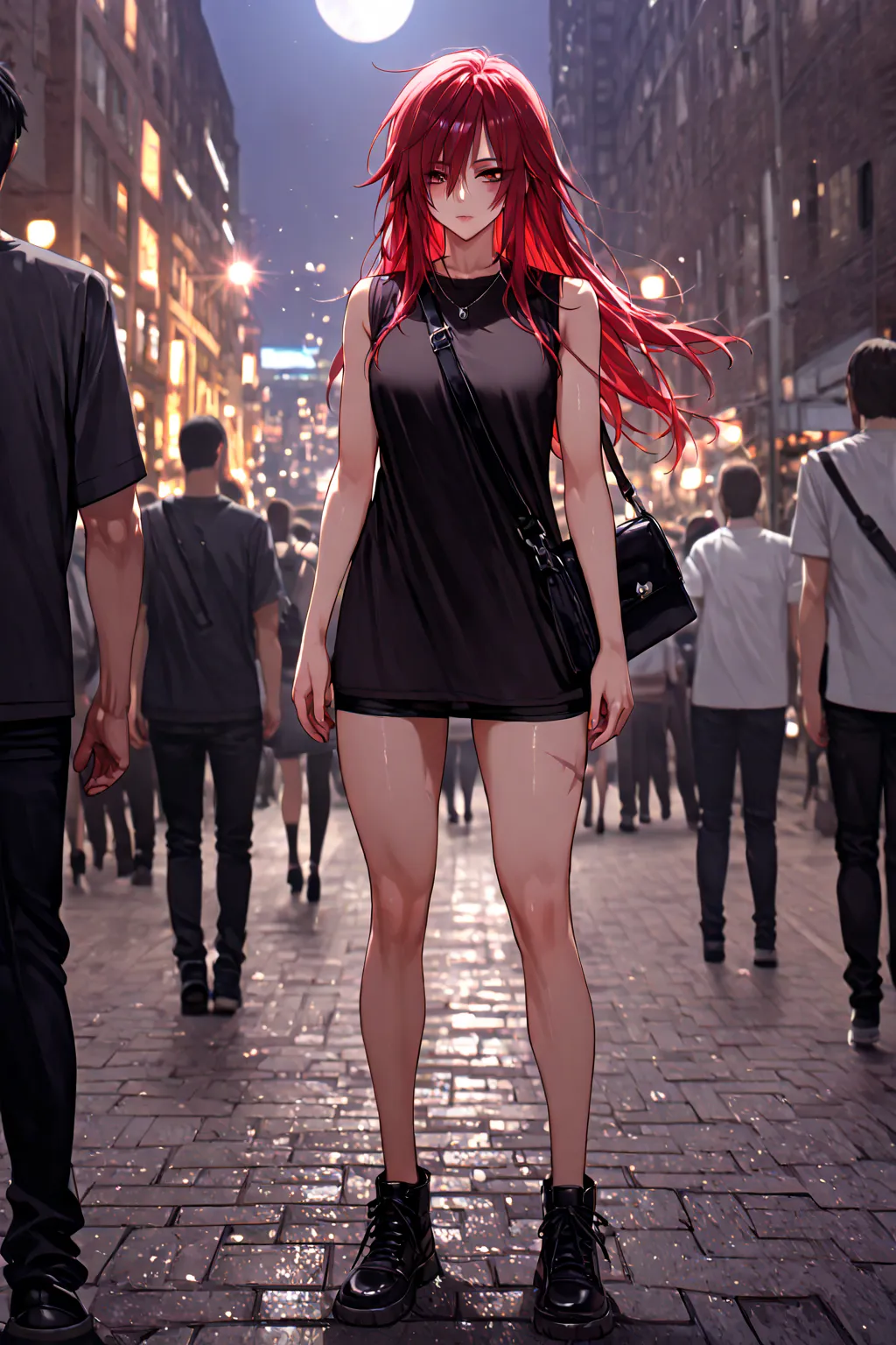  masterpiece,  the best quality , good quality, city,   depth of field ,   blurred background,  photo background ,  ,  red eyes ,   collect cut  ,  red hair , black necklace, Moon lips under the eye, sleeveless t-shirt , solo focus,   light particles ,  ra...