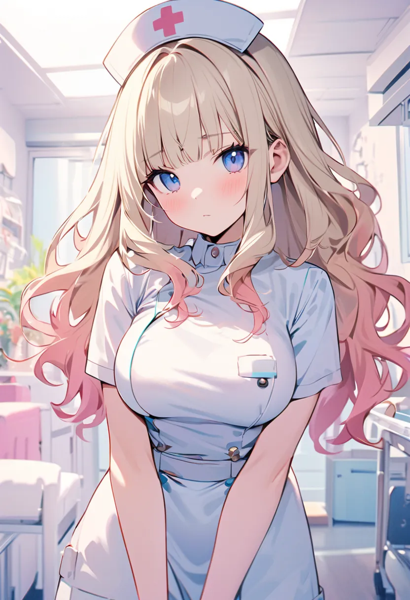 [high quality, best quality, beautiful], 1girl, solo, cute hospital, hospital, cute decorations, kawaii room, pastel colored room,  white hair, beige hair, gradient hair, long hair, wavy hair, bangs, nurse uniform, military uniform, glove, looking at viewe...