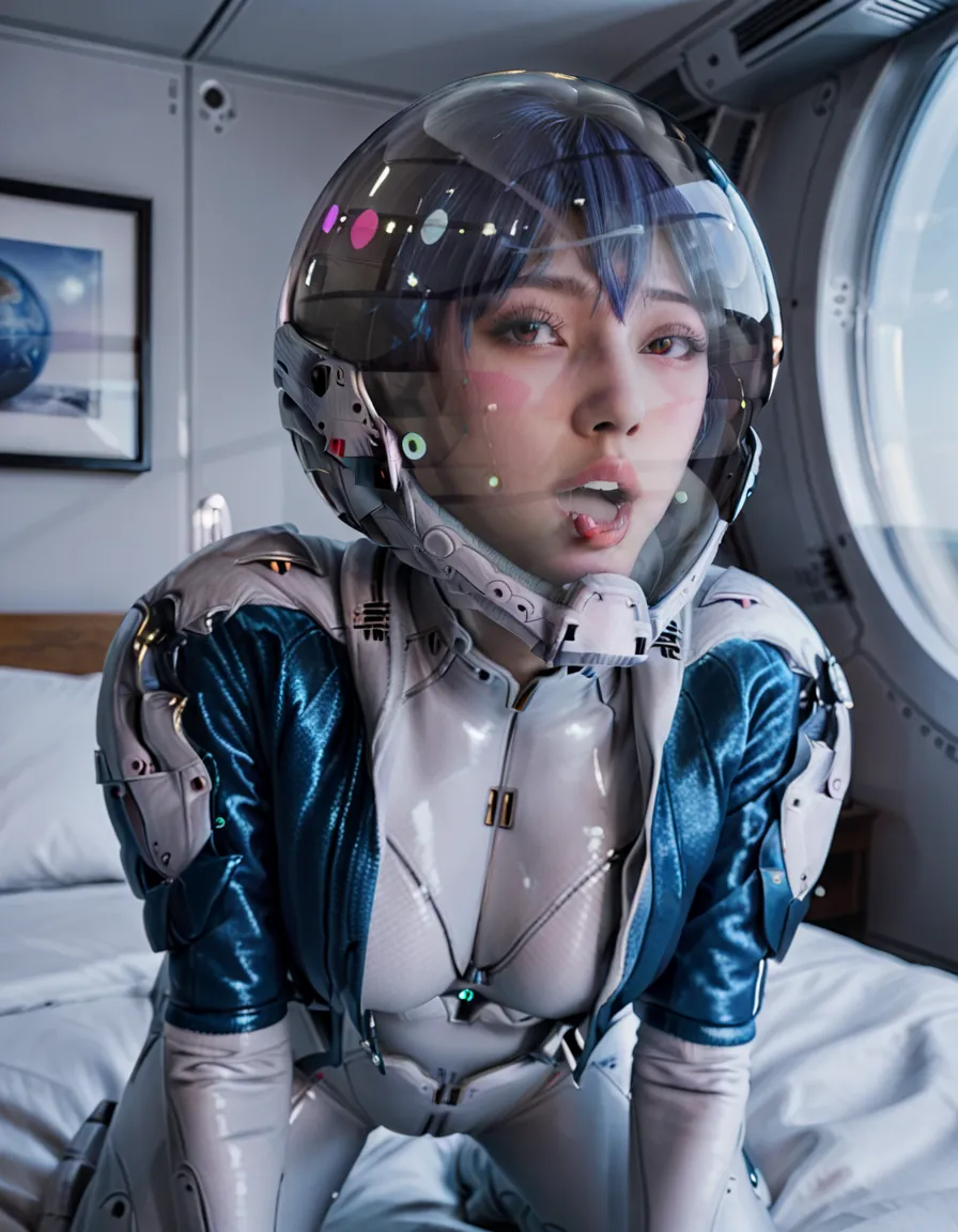 (spacesuit:1.15), , eva helm, eva helm,, space helmet masturbation, sweat, blushing, , looking at the audience,, indoors,masterpiece, best quality, 1girl, solo, {{{very short hair:1.7}}}, pread legs, , , short hair, ,(heart sayings:1.2)space helmet, space ...