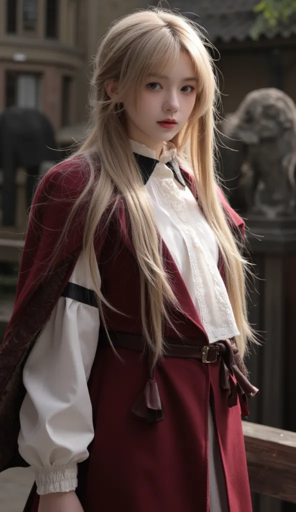 age Female Fierce with Long creamy brown hair, White Skin, Blue Eyes, She wearing red Student Durmstrang costume, 4K, Digital Art, Durmstrang She wore a dark red rabbit fur collared military coat. Red collared coat White puff sleeve blouse Black outer belt...