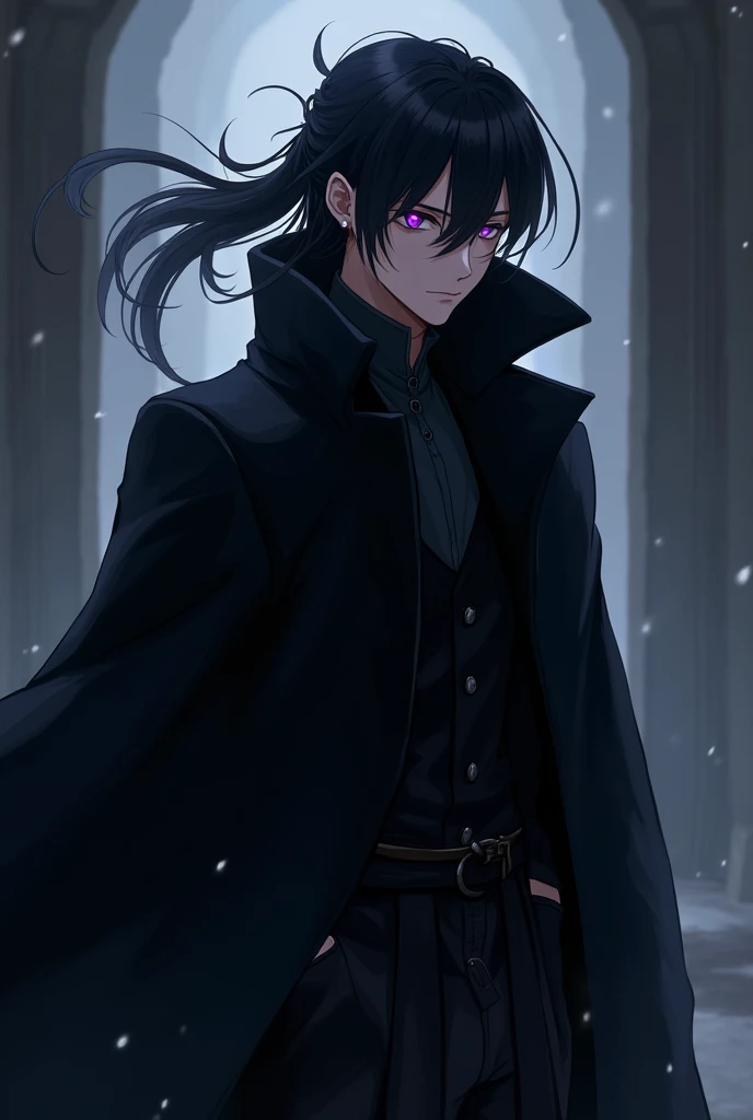 Anime man with black hair tied back, lean physique, dark purple hunter eyes, wearing black long coat representing darkness