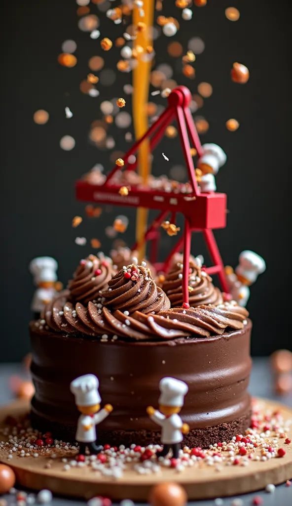 For Chefs :
An enormous chocolate cake under construction by minuscule pastry chefs wearing tiny toques. They’re piping frosting onto layers, smoothing ganache with precision tools, and using a conveyor belt to transport delicate decorations. A cherry-red ...