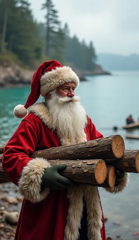 Santa detail about bundling logs to complete a raft on an uninhabited island,  quality, high resolution, accurate, 