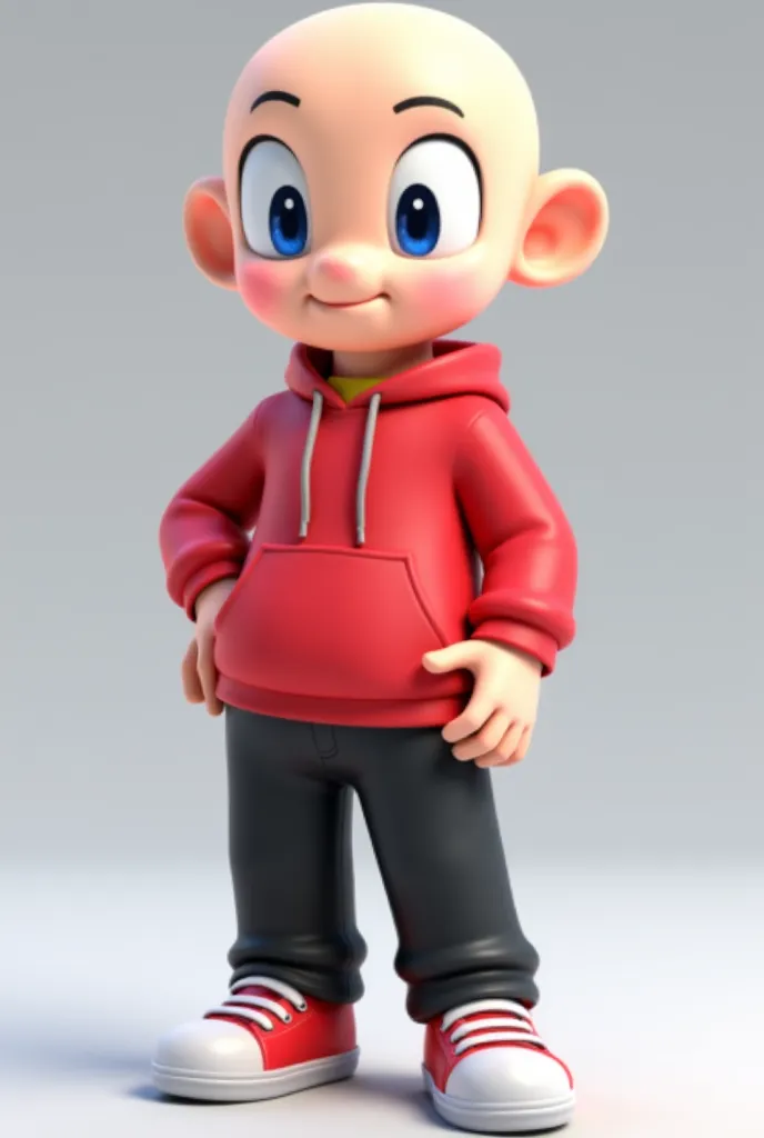 Generate a male character with the following characteristics:milk-white,with big eyes in the shape of horizontal ovals, white pupils ,has no ears wearing a red sweatshirt ,wearing black pants and sneakers and do it with the style of the characters from Sup...