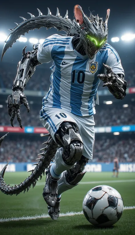 Hyper realistic image. High quality, 8K Ultra HD. Lionel Messi transformed by the virus from a soccer mouse into a hybrid creature of biomechanics and rodent features. He is running with a metal soccer ball with spikes around it. He is wearing the Argentin...