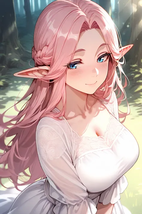 A beautiful young elf girl with adorable features and with her long pink hair, blue eyes, Slightly chubby body