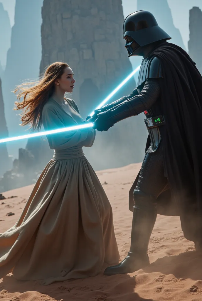 ALEXIS-REN, wearing a star wars jedi outfit, holding blue lightsaber, fighting darth vader 