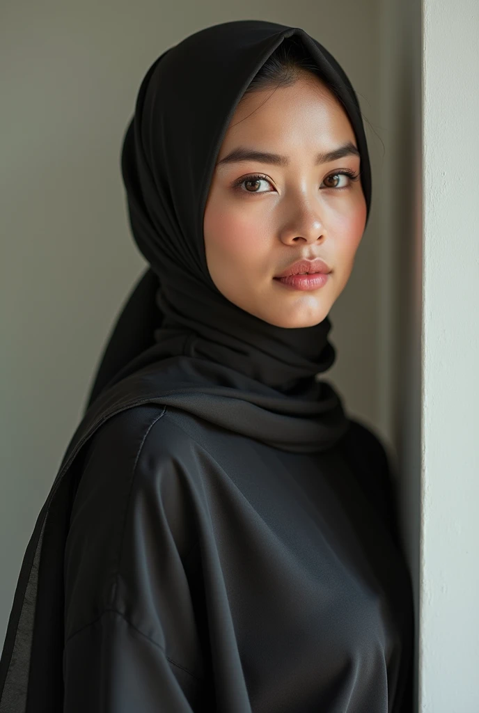 a full-body portrait photograph of a malay hijab, height 155cm weight 65kg, beautiful_breasts. Sexy body, in a unique, photoshot model, pullover, highres, 4k, HDR, 1girl, photorealistic, realistic, big booobs, closeup