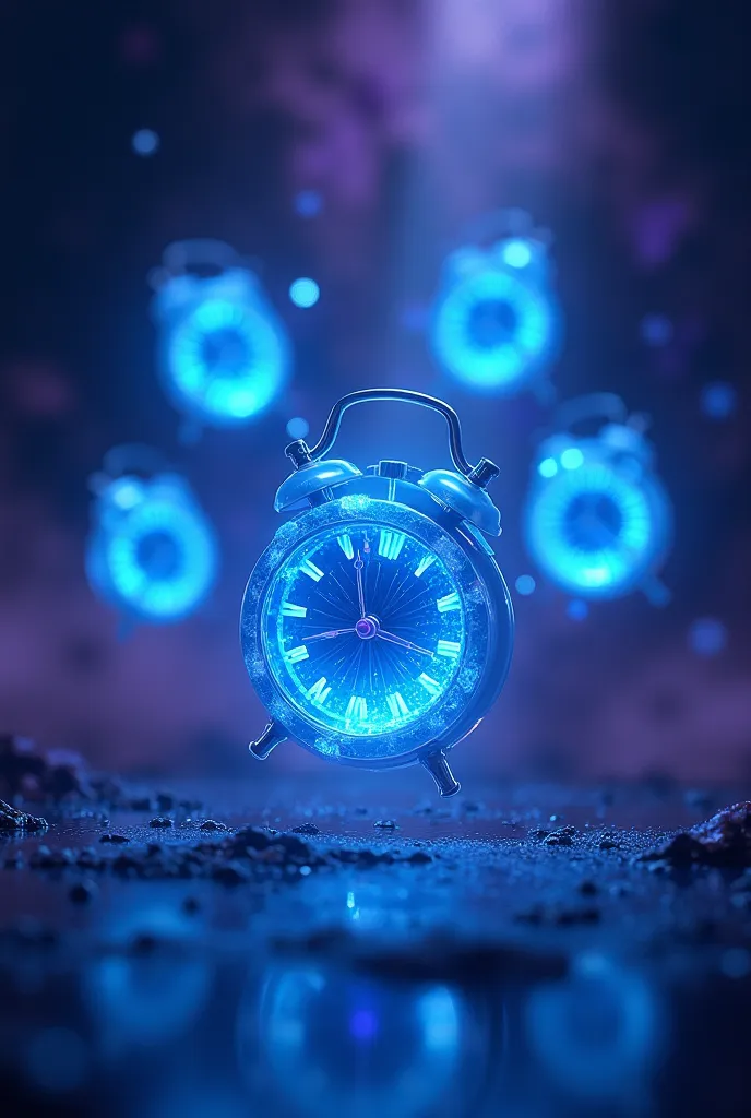 small flying bright blue plasmatic clocks on a purple black background