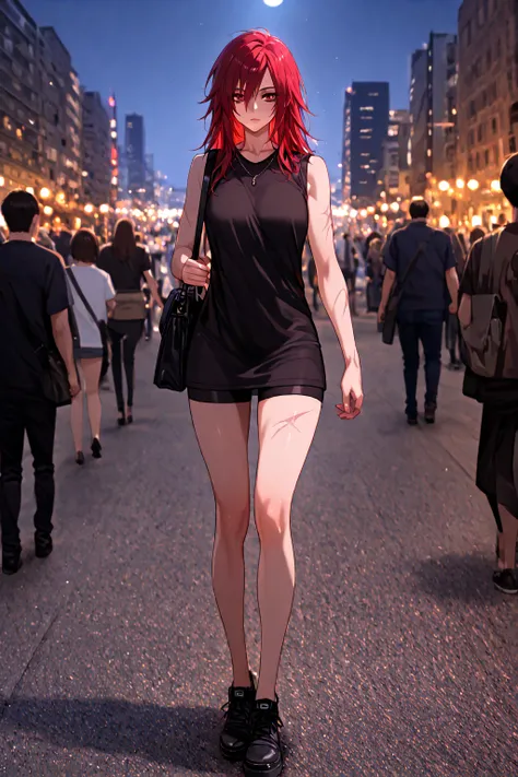  masterpiece,  the best quality , good quality, city,   depth of field ,   blurred background,  photo background ,  ,  red eyes ,   collect cut  ,  red hair , black necklace, Moon lips under the eye, sleeveless t-shirt , solo focus,   light particles ,  ra...