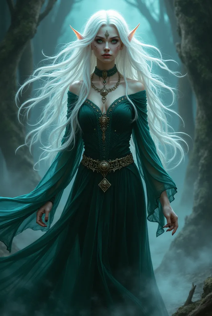 Necromancer girl, elf, shadows, ghost long white hair