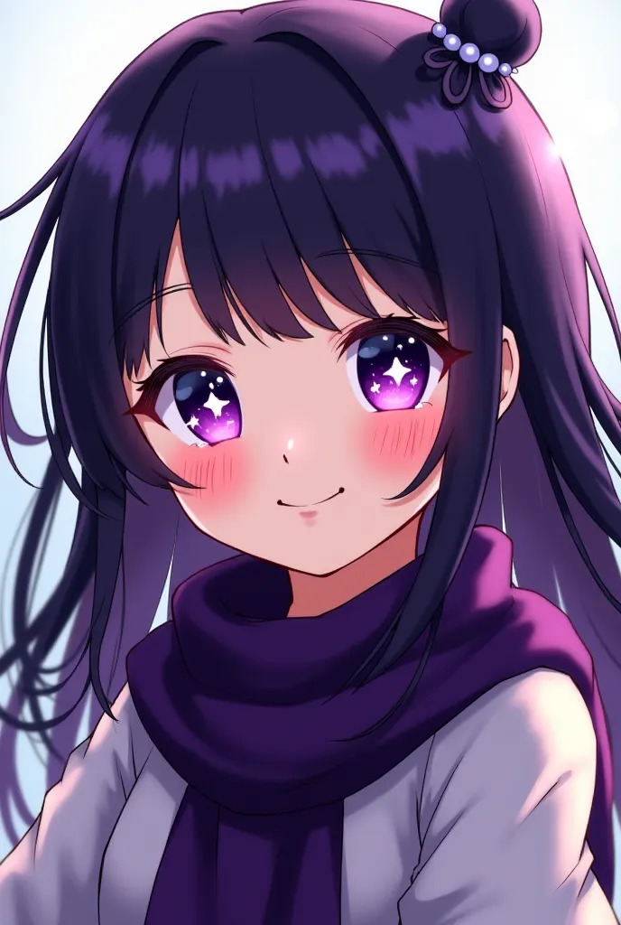 A  girls,with purple star eyes,dark purple star eyes,white and purple clothes,dark purple scarf,long dark purple hair,with a cheerful smile and face,her star eyes are mesmerise 