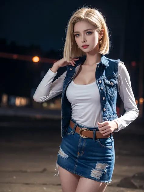  1 girl, Sexy Poses, best quality ,masterpiece,shape, very delicate and beautiful,CG,Unity,8k  , very detailed, high definition, very detailed, beautiful detailed girl, realistic, Full Frontal , outdoor,Light contrast,Alone,Android 18,Chest,Blonde, clevis ...