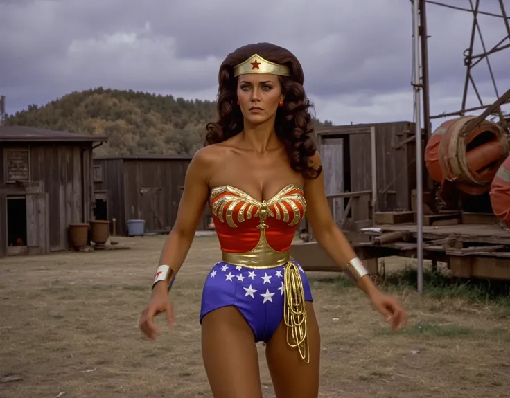 ((( full length whole body )))watches are on hand looking at the camera! Linda Carter as Wonder Woman,  with long wavy dark hair, in a classic suit: Golden hoop,  red corset with gold stars , , blue shorts with white stars and red knee-length boots. The la...