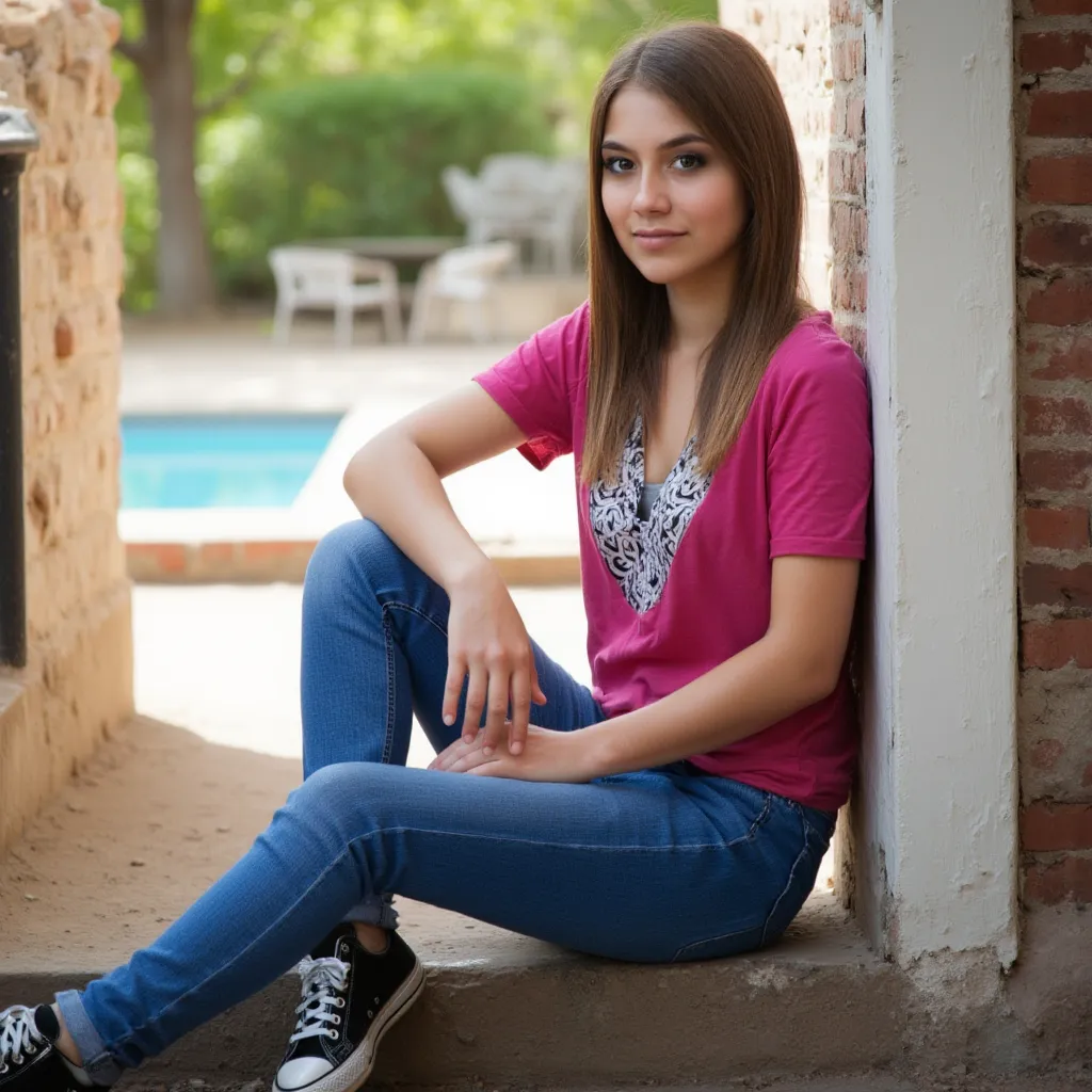 woman sits on a staircase. Has a pink blouse on.  and jeans . She's wearing sneakers.  style photorealistic ,  sharp focus, very detailed, sunlight, Detail,  full body