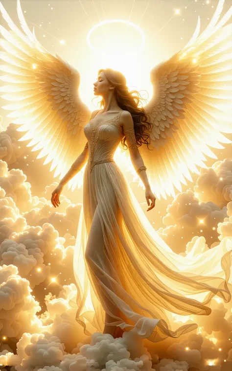 A breathtaking hyper-realistic front view depiction of a single divine angel soaring through the sky, illuminated by long exposure lighting. The angel is in a majestic and awe-inspiring pose, her golden, intricately designed robes flowing gracefully as if ...