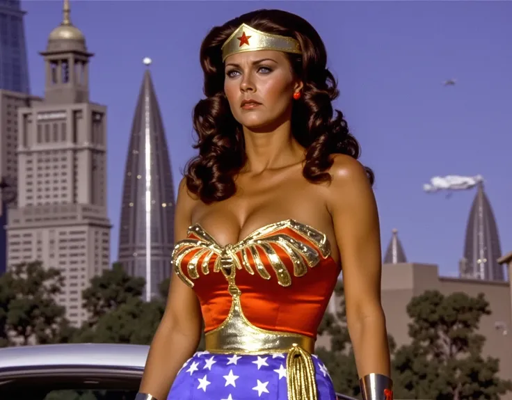 watches are on hand looking at the camera! Linda Carter as Wonder Woman,  with long wavy dark hair, in a classic suit: Golden hoop,  red corset with gold stars , , blue shorts with white stars and red knee-length boots. The lasso of truth ,  golden and glo...