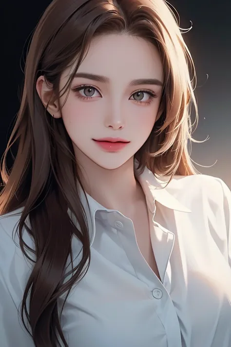 front view,((upper body)), (best quality, ((masterpiece)), beautiful detailed Eyes, 8K resolution, cinematic lighting,detailed clothes,Semi-realistic),1 woman,((25-year-old)),(brown hair),(long straight hair),((white collared shirts)),smile, hospital