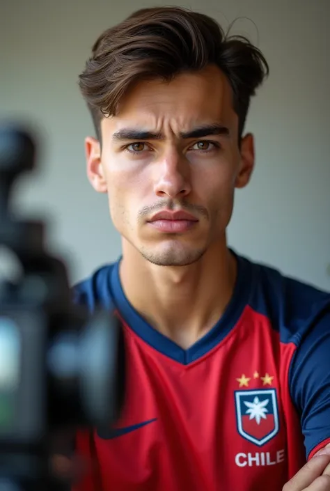 Brown-haired young man with his bangs brushed upwards wearing a soccer jersey from Chile puts on a doubtful face looking at the VTuber-style camera