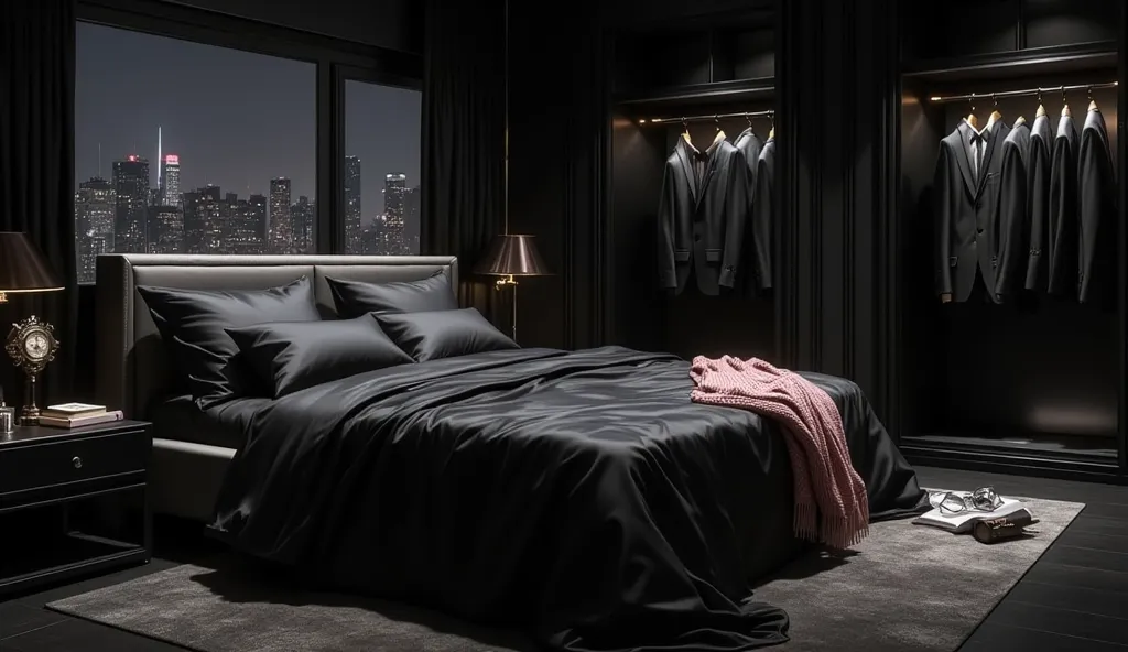 A large dimly lit master bedroom with a king-sized bed dressed in black silk sheets and a plush gray duvet. The bed is positioned against a dark, textured accent wall, and the room is illuminated only by the soft glow of a bedside lamp. A luxury wristwatch...