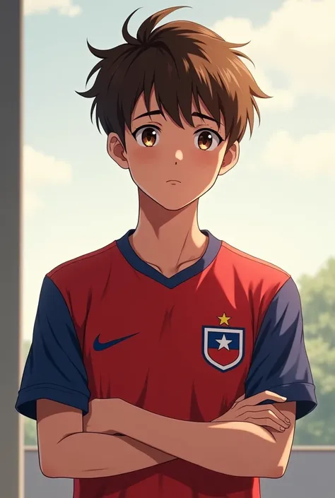 Brown-haired young man with his bangs brushed upwards wearing a soccer jersey from Chile puts on a doubtful face looking at the anime-style camera