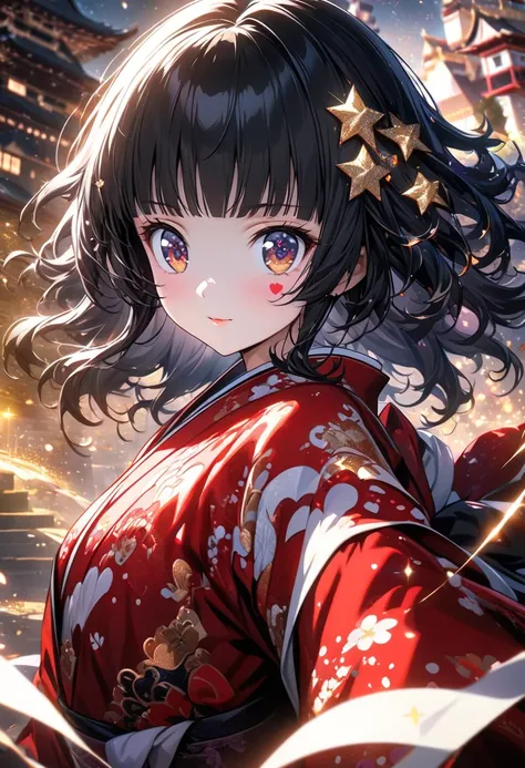 ((Cute Japanese girl, Anmitsu Hime, Hime cut, black hair, red kimono with lots of heart patterns, star-shaped hair ornament, Japanese castle)), background artwork, atmospheric anime, masterpiece, highest quality, highly detailed, detailed 4k artwork, spark...