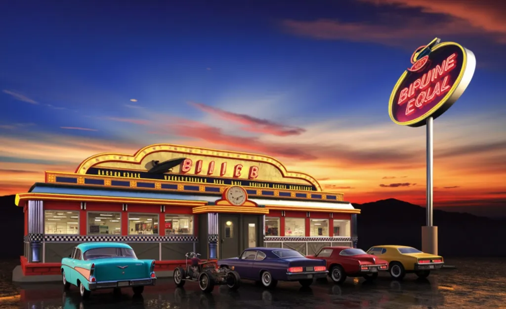 At the golden hour, a nostalgically weathered roadside burger joint stands in cinematic glory, captured in vivid 4k resolution. The aged sign glows warmly against the setting sun, beckoning passersby to step back in time. Through the wide 16:9 frame, the v...