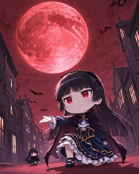 ( chibi),  1 girl, Alone, ruri gokou, hime cut, long hair, mole,  black hair,  Princess cut, red eyes, gothic lolita, dress, headband with a dancing black cloak 
 BREAK
vampire heroine, Landing,  get down on one knee, Mist of Darkness, red eyes, The black ...