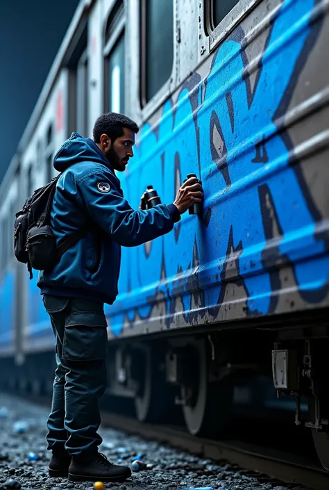 Closely focused realistic animation graffiti artist doing graffiti on a train all in shades of blue 