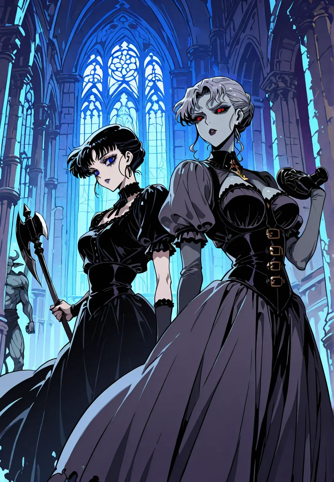 Chica gárgola, goth make-up, piel rocosa gris,  senos promedio, fighting en la cumbre de iglesia, holding an axe, skulls. Background: CATHEDRAL,  Dark atmosphere, violet light, man behind her