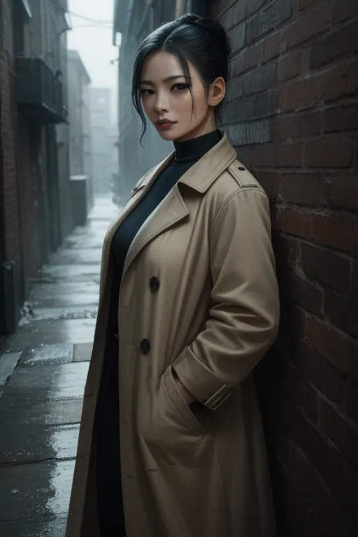 Make a phycopath asian female with slick back black hair wearing trench jacket. She holds a knife