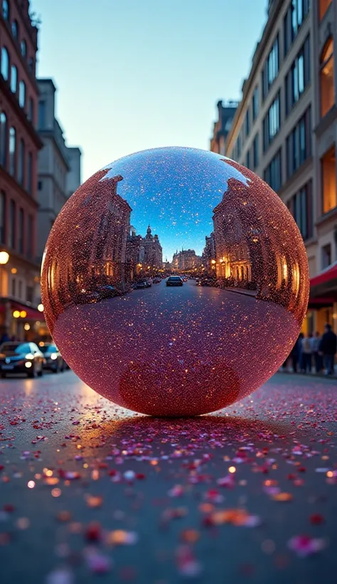 A cinematic photograph of a gigantic gliter ball rolling down a street slope