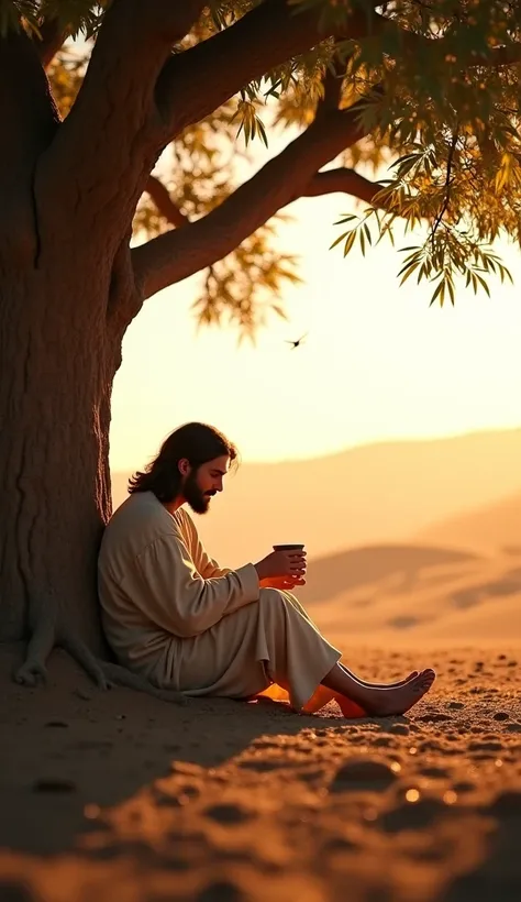 From the eyes of Jesus Christ, a first-person perspective where I see through His vision. I sit beneath an ancient tree, my hands resting on the cool soil. A clay cup of water is in my grasp, the liquid reflecting the midday sun. My feet, dusty and tired, ...