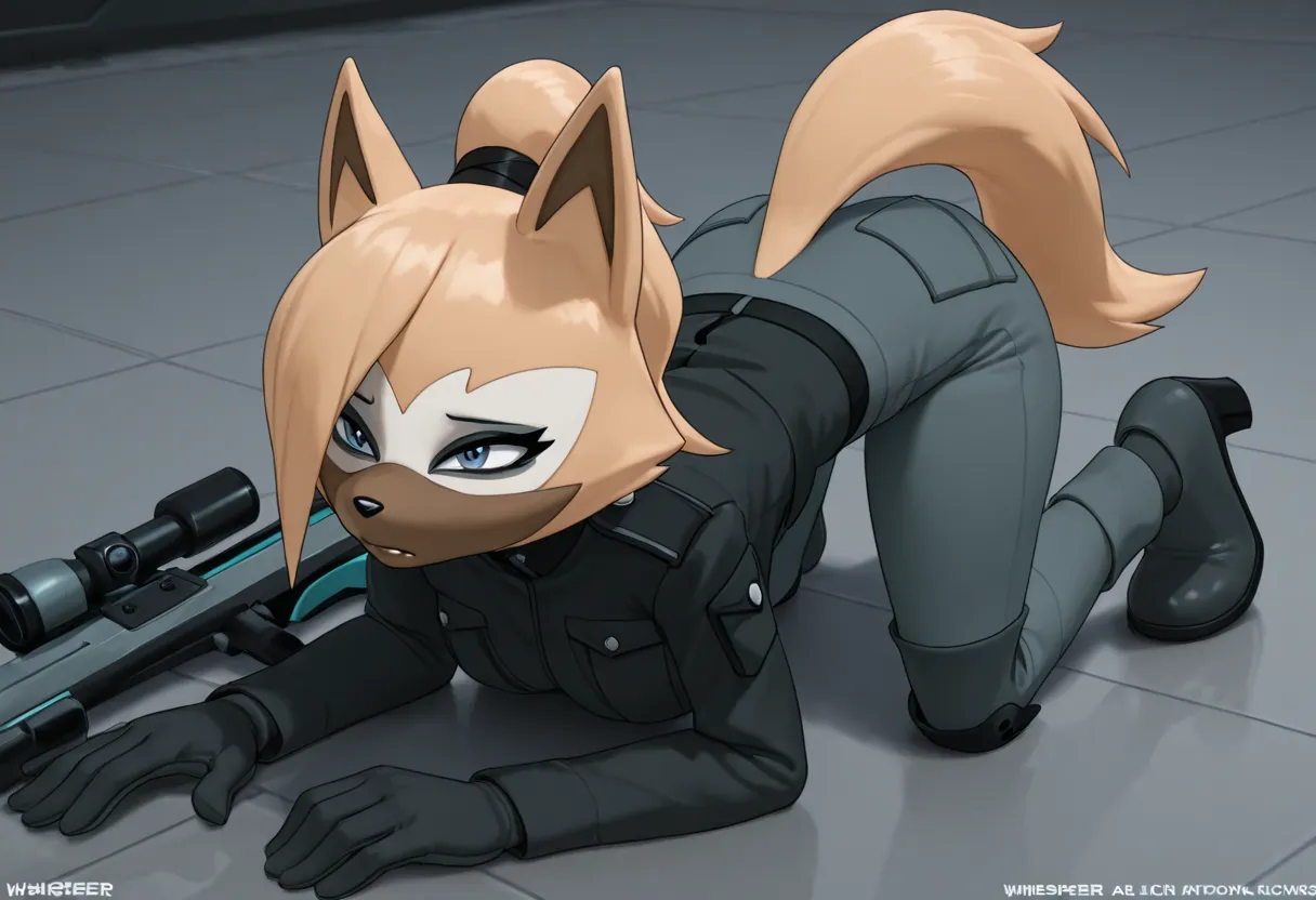 the 3d animation shows a woman wearing pants and a black top crawling on the floor, 1girl, solo, high heels, weapon, uniform,,Whisper the wolf, blue eyes, brown body fur