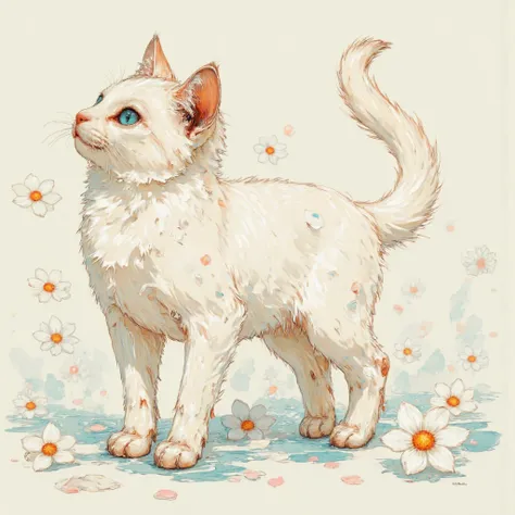 Delicate and fantastic 、Cute white and beige Munchkins with short legs、Watercolor painting with less realism、White petals fluttering around the cat、The cat's eyes are sky blue、Graceful profile、mystical light colored background