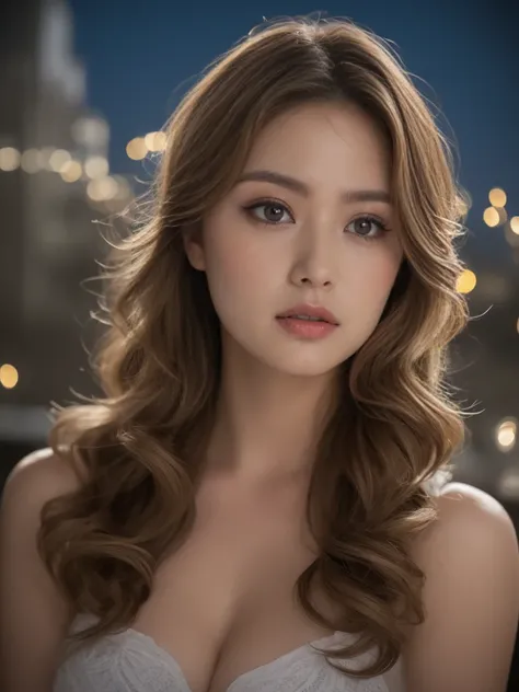  high position、(( night view,  real light , Highest quality, 8k, masterpiece: 1.3)),  1 girl,     glamorous tall beauty  : 1.2, (Cute 22-year-old Woman with Brown Wavy Hair , medium breasts: 1.3), big breasts　Hip　  above the knee shot ,　 Highly detailed fa...