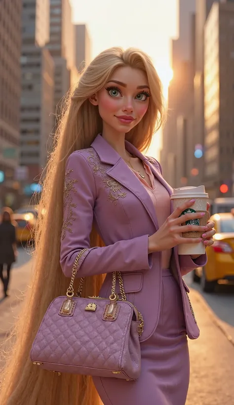 **Prompt:**  

A stunning, hyper-realistic cinematic portrait of Rapunzel in her *Boss* reinterpretation, set in the bustling streets of New York City. This fusion of animation and realism brings her to life with an elegant yet commanding presence. Her gol...